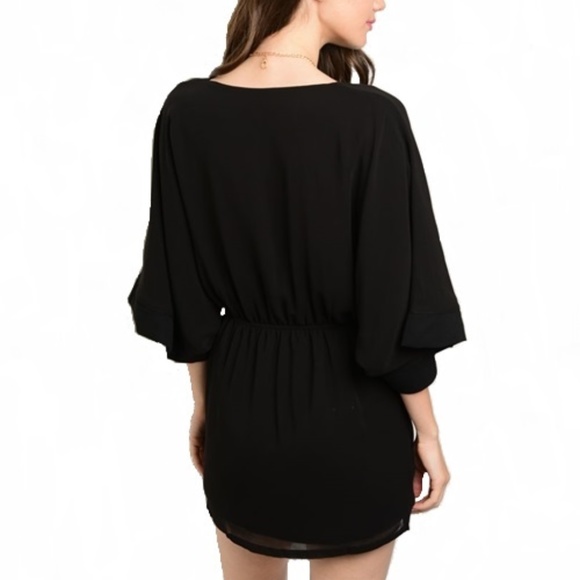 Dolman Sleeve Mini Boho Chiffon Dress | Black - Picture 2 of 2